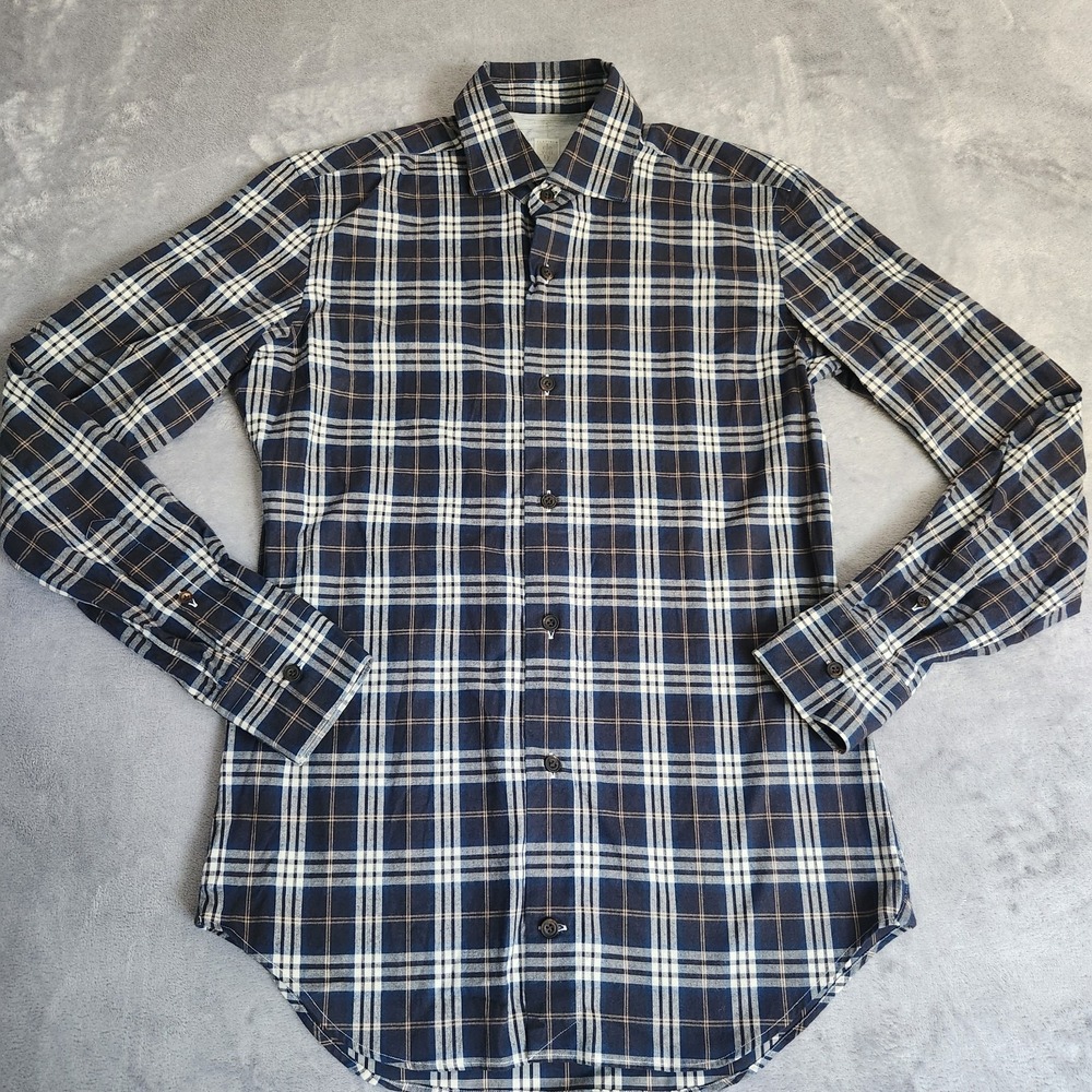 New $395 Eleventy Platinum Special Italian Blue Plaid Button Up Shirt Cotton S